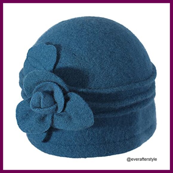Wool Blend Vintage Cloche Bucket Hat with Stitched Flower Accent